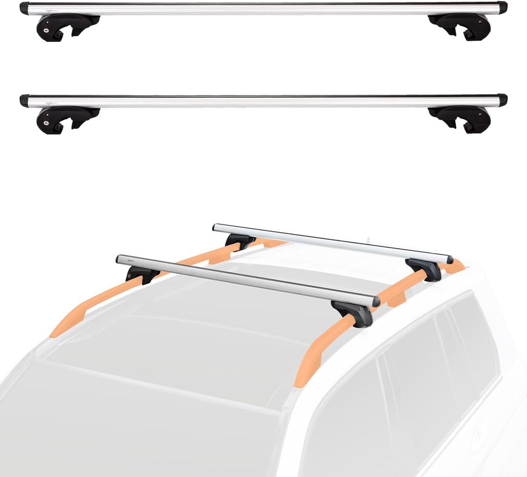 Amazon Basics Cross Rail Roof Rack, 56 inches, Fits up to 49.6" Spans between Raised Side Rails with Gap, 2-Pack, Black/Silver
