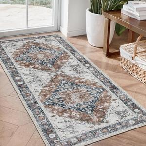 Runner Rug 2x56Non Slip Machine Washable Vintage Hallway Carpet Runner, Low Pile Lightweight Chenille Print Rugs for Entryway, Hallway, Bedroom, Kitchen and Corridor, Beige Red Black