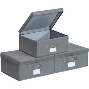 Set of 3 Stackable Storage Bins - Fabric Storage Bins with Lid for DVD Storage, Memory Box, Versatile Closet Storage Bins (Dark Grey, 14.2" L x 12.6" W x 6.3" H)