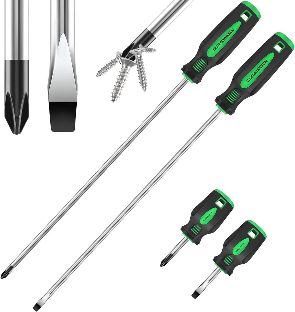 GURADESIGN 4-Piece 12" Long Screwdriver Set Slotted and Phillips, Long & Short Magnetic Screwdriver Set