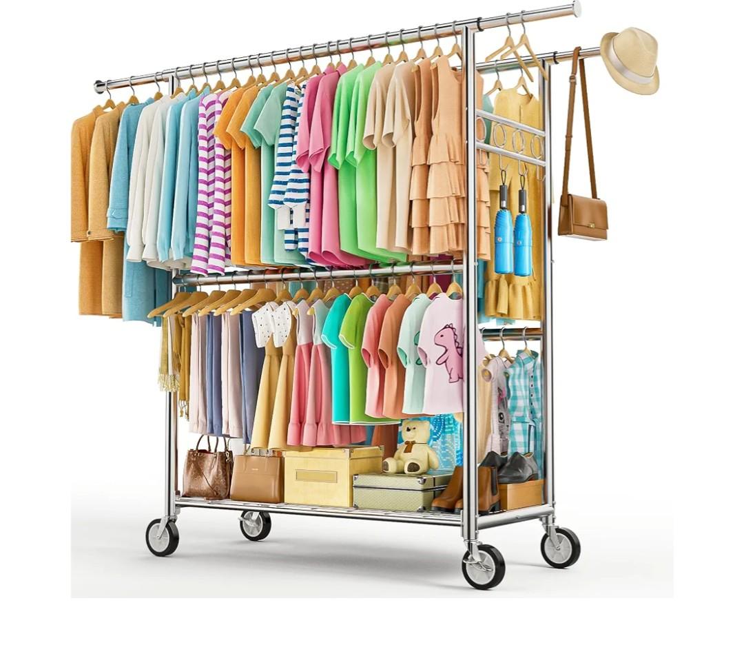 Heavy Duty Clothes Rack Load 1060LBS, Four Rods Rolling Clothing Racks for Hanging Clothes, Rolling Garment Rack With Sturdy Wheels Shelves Hooks, Portable & Adjustable Commercial Garment Rack, Silver