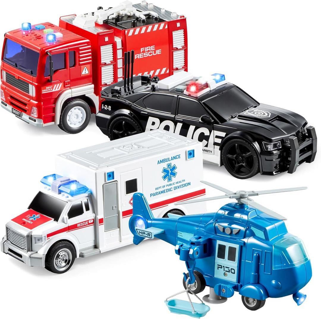 JOYIN 4 Packs Emergency Vehicle Toy Playsets, Friction Powered Vehicles with Light and Sound, Including Fire Truck, Ambulance, Play Police Car and Helicopter, Toddler Kids Boys Gifts, 17.8 x 7.6 x 9.5 cm