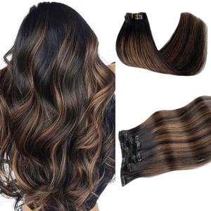 Real Human Hair Clip in Extensions, 14 Inch 70g 5pcs Balayage Natural Black to Brown, Long Straight Remy Double Weft Handmade
