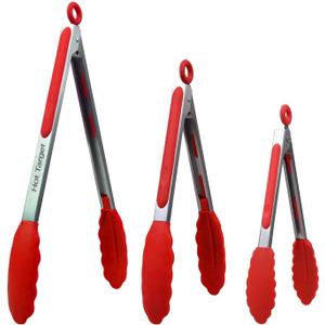 Set of 3 (7, 9, 12 inches) Kitchen Tongs for Cooking - Heavy Duty & Non-Stick with Stainless Steel - Kitchen Tongs with Silicone Tips - Heat Resistant Long Food Tongs for Grilling BBQ - Red