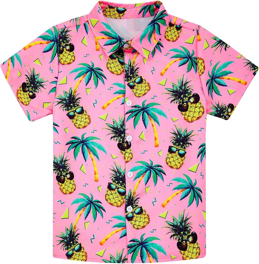 westwolf Little Big Boys Hawaiian Shirts Button Down Short Sleeve Tops Hawaiian Shirt for Kids 3-14T (Pink)