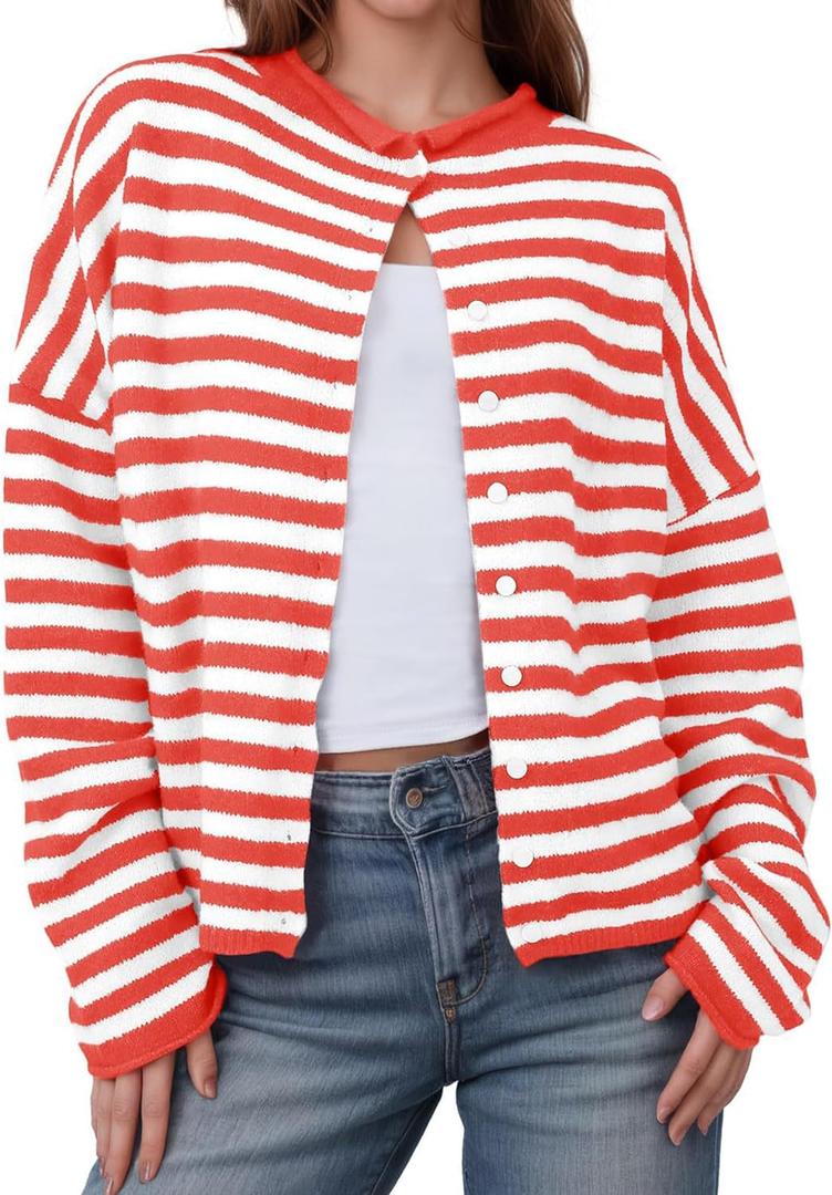 AELSON Womens Cardigan Sweaters Striped Long Sleeve Open Front Button Down Lightweight Knit Fall Fashion Outfits (X-Large, Red)