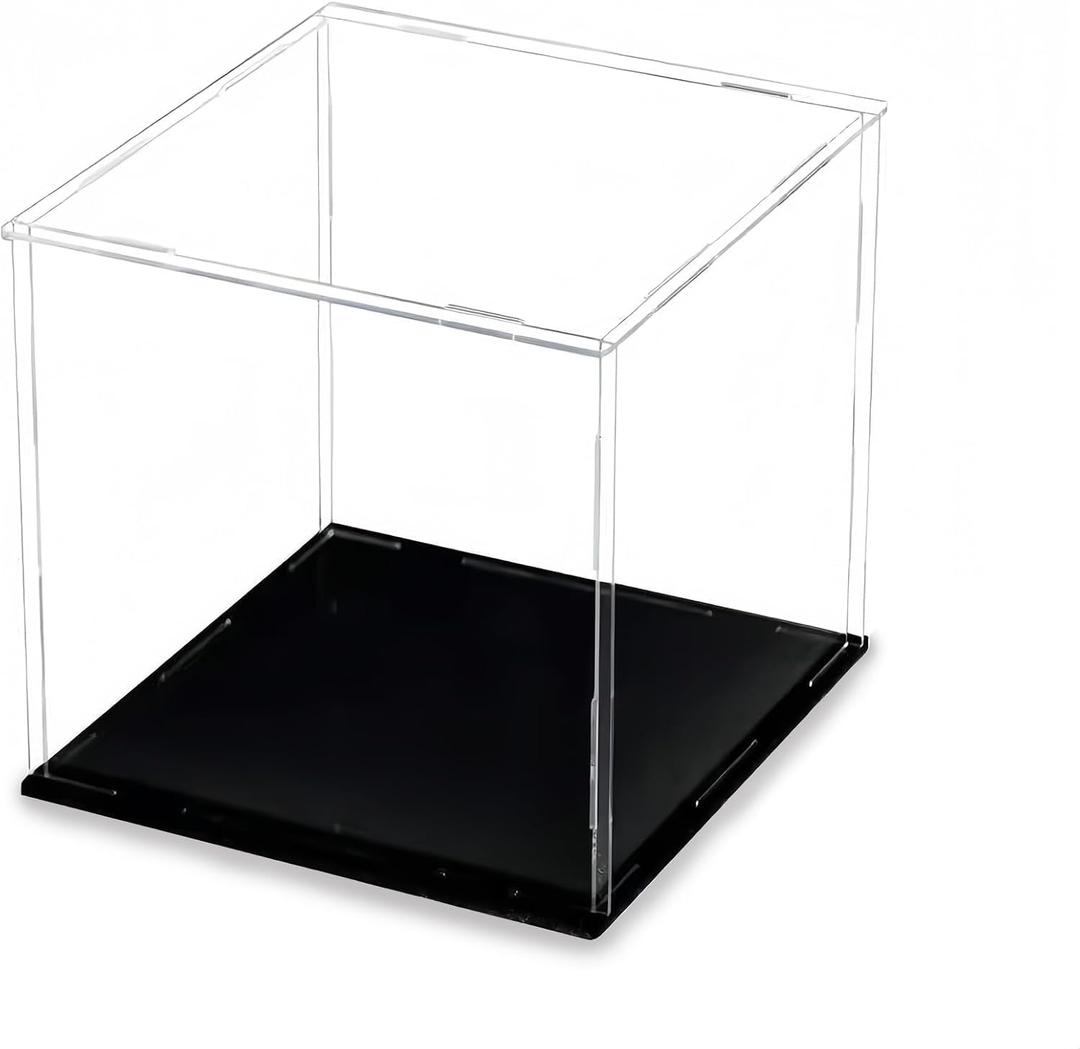 Clear Acrylic Display Box 8x8x10 Inch with Black Base - Self-Assembly Cube Display Case for Collectibles, Toys & Figures | Removable U-Shaped Riser Stands | Countertop Storage & Organization