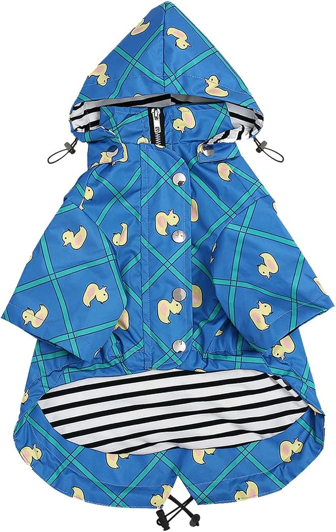 Morezi Dog Zip Up Raincoat with Reflective Buttons, Rain/Water Resistant, Adjustable Drawstring, Removable Hood, Raincoats with Legs- Grid Blue - XL