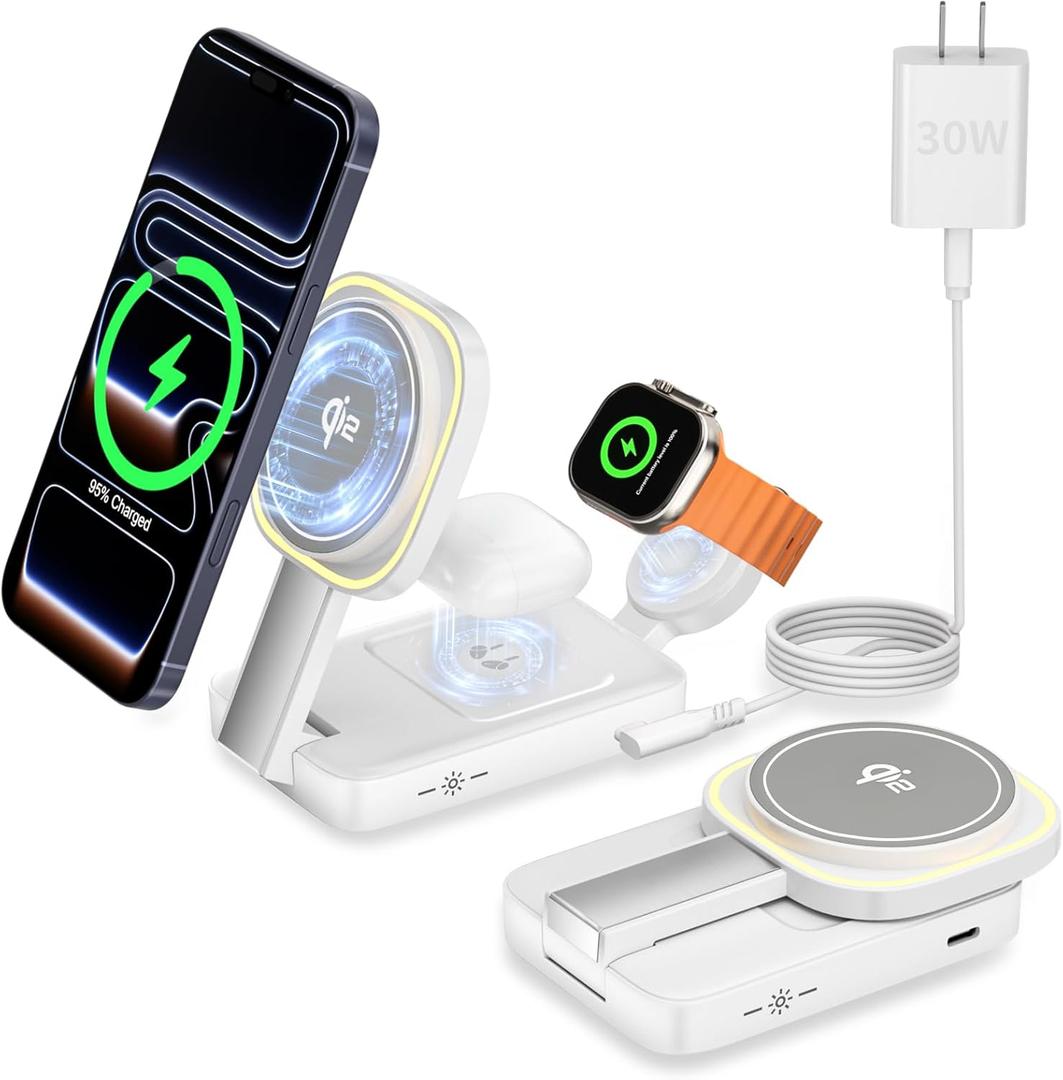 Qi2 Certified Magnetic Wireless Charger for iPhone 17 Pro Max Air 15W 3in1 Fast Mag-Safe Charging Stand for Apple Watch 11/ 10/ 9/ 8 with PD 30W USB C Adapter and Night Lamp for Air-pods