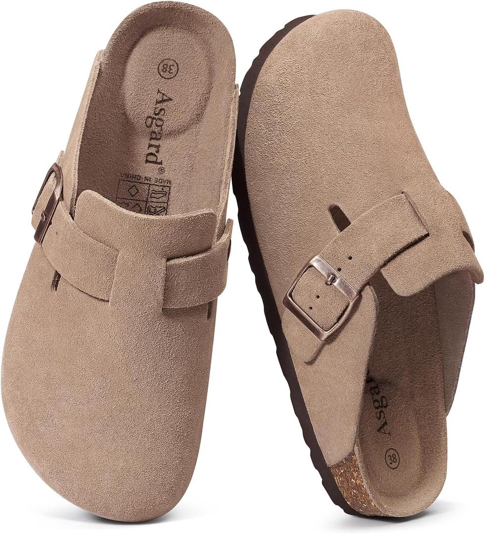 Asgard Genuine Suede Clogs for Women Men Leather Mules Arch Support Potato Shoes with Comfort Cork Footbed Taupe 40 (Size 8-8.5)