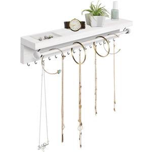 Rustic White Necklace Jewelry Organizer - Wall Mount Jewelry Holder - Mounted Hanging Jewelry Storage Hooks for Necklace, Earrings, and Rings - Farmhouse Wood Decor Bedroom Boho Shelf Rack (White)
