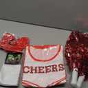 5Pack Cheerleader Costume Outfit for Girls Sparkly Cheer Dress with Striped Socks Bowtie Headpiece & Pom Poms Complete Set for Halloween Party School Events Uniform Outfit Age 7-8 Years (Red)