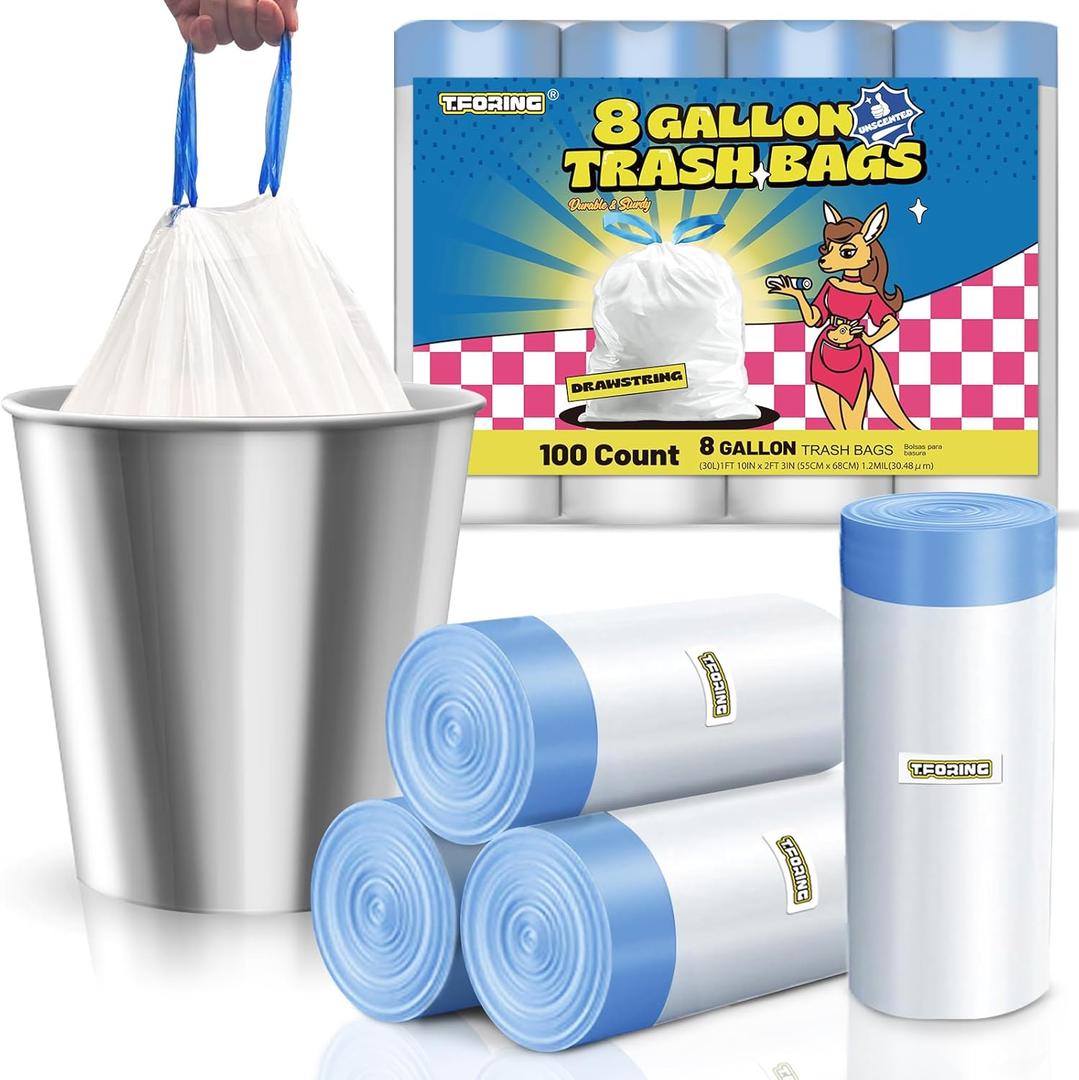 8 Gallon Bags Drawstring 1.2 Mil - 100 Count White Medium Garbage Bags Unscented, 30 Liter Thick Plastic Can Liners for Home Kitchen Bathroom