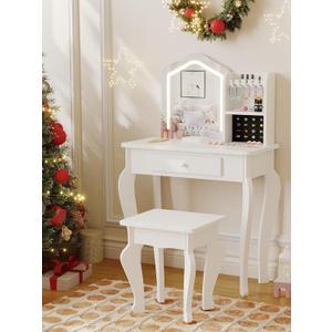 Garvee Kids Vanity with Lighted Mirror, Little Girl Vanity and Stool, Toddler Makeup Table Set and Makeup Playset for 3-8 Girls, White