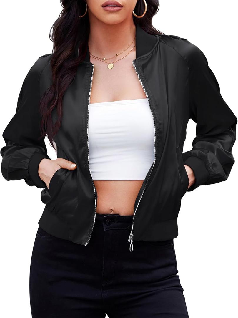 Zando Bomber Jacket Women 2025 - Lightweight Cropped Jacket Zip Up Casual Striped Women Jackets Trendy Outerwear with Pockets (Large, Black)