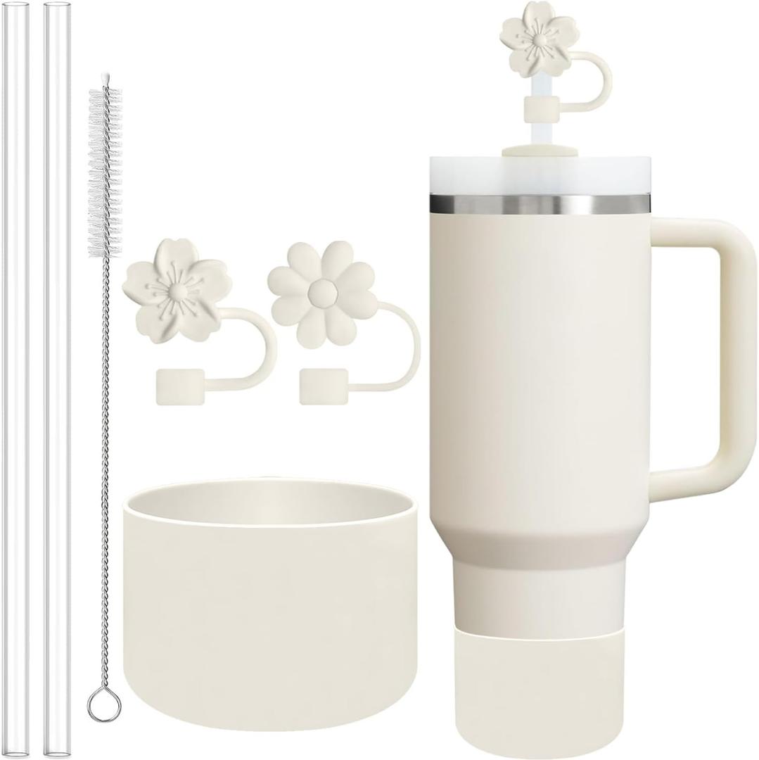 6-Pack for Stanley Cup Accessories Set 30/40 Oz Tumbler, 2 Straw Cover, 2 Replacement Straws, 1 Straws Cleaner Brush, 1 Boots, Silicone Cherry Flower Straw Cap Topper (Cream)