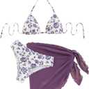 SOLY HUX Bikini Sets for Women 3 Piece Floral Print Halter Triangle Bathing Suit Swimsuit with Sarong Cover Up (Large)