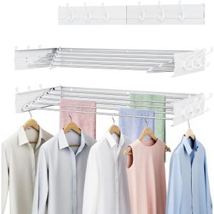 Laundry Drying Rack, Collapsible Wall Mounted Clothes Drying Rack - Foldable,Space Saving, 13.2 Linear Ft, 5 Aluminum Rods, 60 lb Capacity (White, 40" Wide)