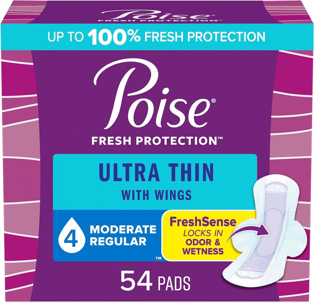 Poise Ultra Thin Incontinence & Postpartum Pads with Wings for Bladder Leaks, 4 Drop Moderate Absorbency, Regular Length, 54 Count