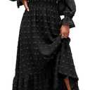 MASCOMODA Women Maxi Dress 2025 Fall Long Sleeve V Neck Swiss Dot Boho Smocked High Waisted A-Line Tiered Flowy Long Dresses (S)