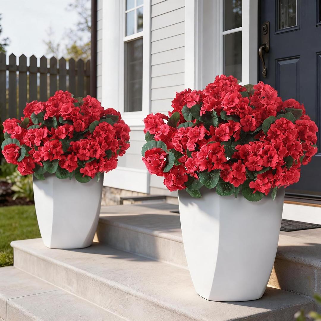 4 x GLIDLION 24 Bundles Artificial Geranium Flowers for Spring Summer Decor, UV-Resistant Fake Plants Realistic Faux Silk Bouquets for Front Door Farmhouse Garden Porch Home Outdoor Decor (Red)