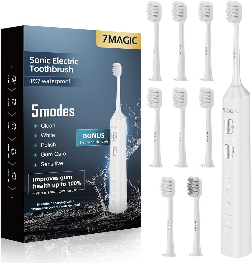 7MAGIC Sonic Electric Toothbrush for Adults and Kids - Up to 180 Days Runtime, 42000 VPM Powered Toothbrush, 5 Modes & 3 Intensities for Sensitive Teeth & Braces, Includes 8 Brush Heads, White