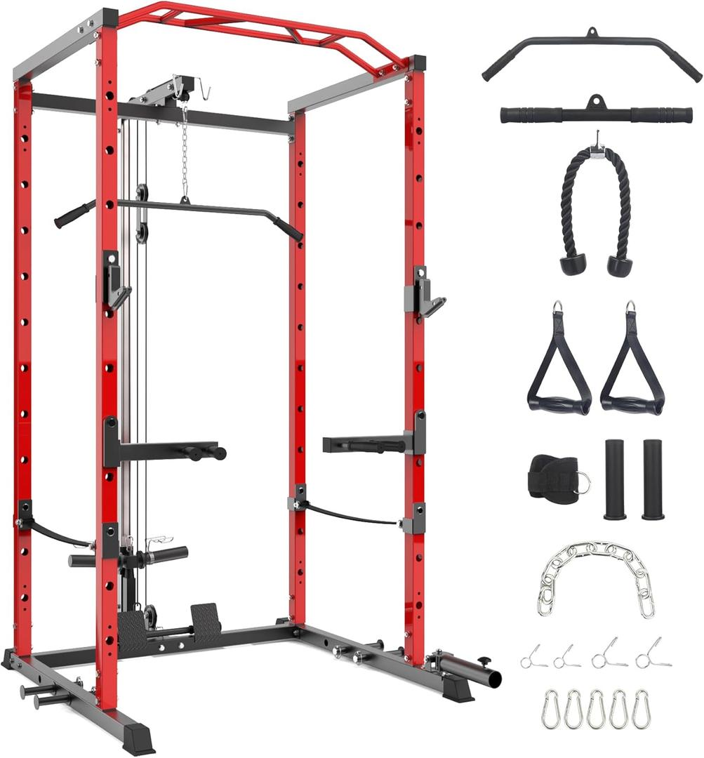 GarveeLife Power Cage, Multi-Function Squat Rack with LAT Pulldown, 1600 LBS Weight Capacity Fitness Power Rack with Cable Pulley System and j-Hooks, Dip Bars and Landmine Attachment for Home Gym