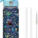 18oz Kids Insulated Water Bottle with Straw Lid - 18/8 Stainless Steel Kid Cup BPA-FREE Travel Tumbler Double Wall Vacuum Leak Proof Portable Toddler Water Bottle(Dinosaur)