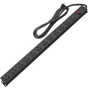 HHSOET Metal Wall Mount Power Strip, Mountable Power Outlet with 12 AC Outlets, Aluminum Alloy Mount Power Socket with Switch, 10 FT SJT 3/C 14AWG Power Cord, 15A 125V 1875W (12AC) Black