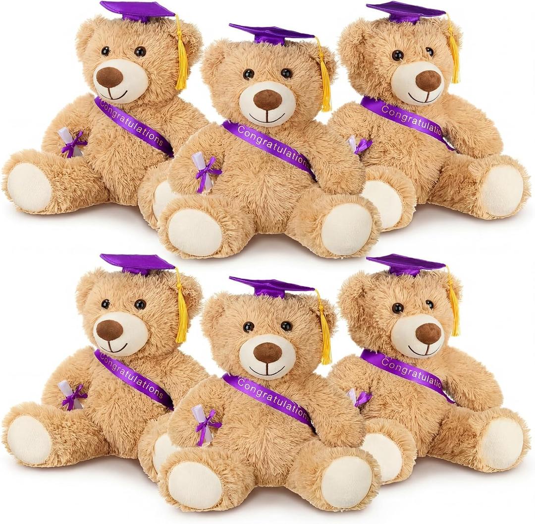 Aoriher 6 Pcs Class of 2026 Gifts Graduation Teddy Bears, 14 Inch Khaki Cute Soft Plush Stuffed Bears Animals with Cap, Diploma, Congratulations Sash, End of Year Gift for Kids Girl Boy Adult(Purple)