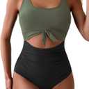 Eomenie Women's One Piece Swimsuit Tummy Control Slimming Bathing Suit Cutout Tie Knot Swimwear (Army Green, Black) S