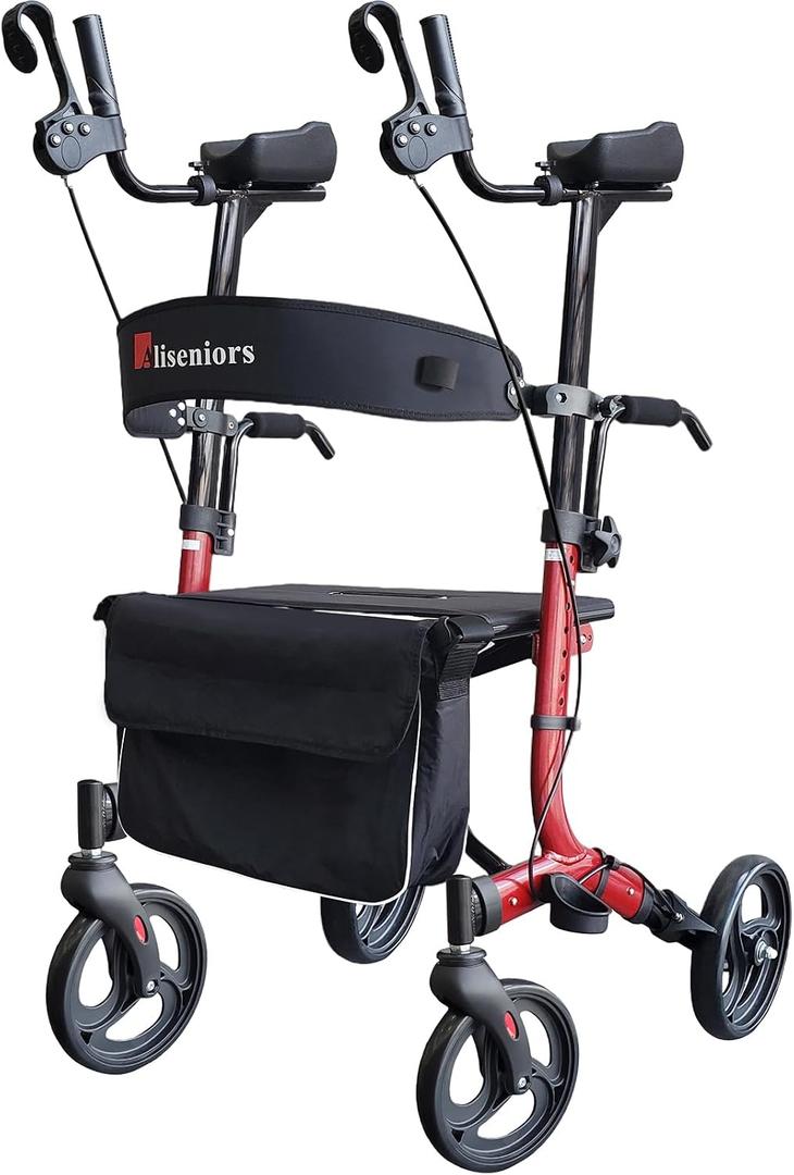 Aliseniors Upright Walker for Seniors - Big Stand Up Walker with Wide Seat, Foldable 4 Wheel All-Terrain Rolling Walker, Adjustable Armrests, 300lbs, Improves Posture & Reduces Back Strain