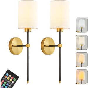 Battery Operated Wall Sconce Set of Two, Wireless Rechargeable Wall Light With Remote Control, Dimmable, 4 Color Temperatures, RGB, Timer, for Living Room,Bedroom,Entryway, Black Gold, 26.8 Inch