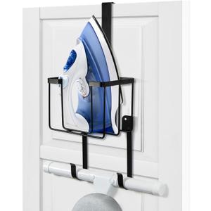ORLESS Over The Door/Wall Mount Ironing Board Hanger, Laundry Room Iron and Ironing Caddy Board Storage Holder, Black