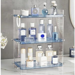 Delamu Bathroom Countertop Organizer, 3 Tier Adjustable Corner Makeup & Skincare Organizer with Protective Guard Rail, Transparent Design for Vanity, Bathroom Counter, Ideal for Girls