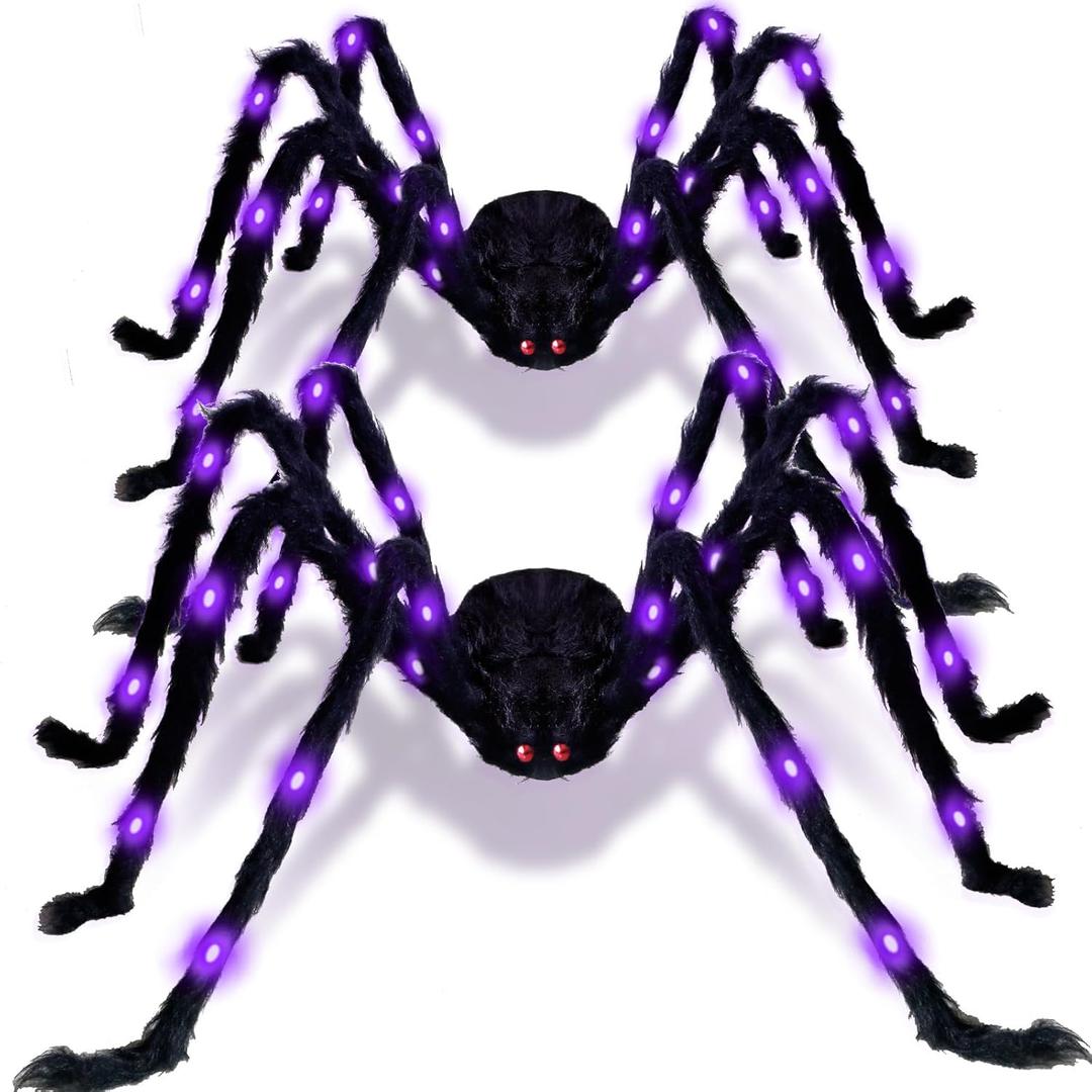 2 Pack Halloween Spider Decorations, Giant Light Up Spider Outdoor Indoor Halloween Decorations Realistic Large Scary Spiders for Yard Party Haunted House Decor(4FT + 2.5FT)