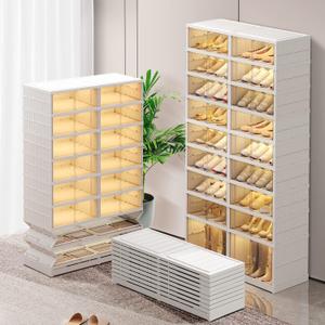 9-Tier Foldable Shoe Rack Organizer for Closet,36Pairs Collapsible Plastic Shoe Shelf,Large Shoes Cabinet with Door,Clear Stackable Storage Box Easy Assembly (White)