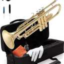 Mendini By Cecilio Bb Standard Trumpet Set for Beginners - Brass Student Trumpet Instrument with Hard Case, 7C Mouthpiece, Valve Oil, Cleaning Cloth, Gloves and Maintenance kit (Golden)