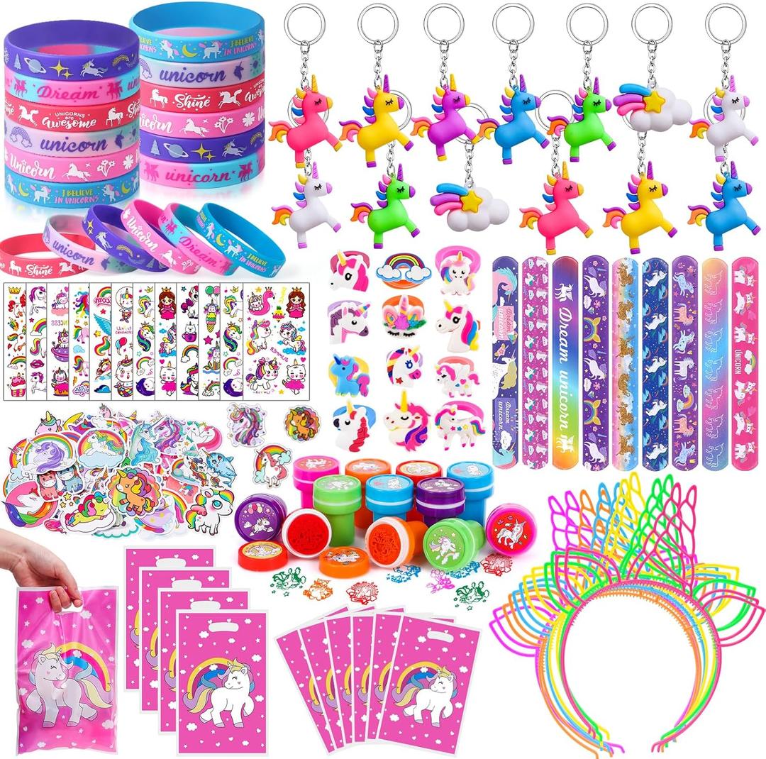 Winrayk 146Pcs Unicorn Party Favors Birthday Supplies Girls, Headband Bag Bracelet Stamper Keychain Slap Bracelet Tattoo Sticker Ring, Goodie Stuffer Pinata Filler Rainbow Unicorn Party Supplies Decor