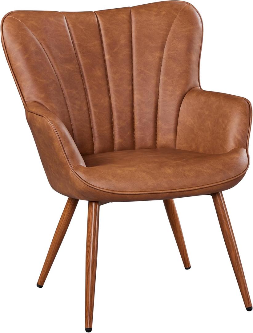 Yaheetech PU Leather Armchair, Modern Accent Chair with Metal Legs, Comfy Upholstered Barrel Chair for Living Room Bedroom Vanity Room, Brown
