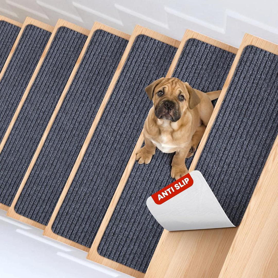 MBIGM 8" X 30" (15 in Pack) Non-Slip Carpet Stair Treads Non-Skid Safety Rug Slip Resistant Indoor Runner for Kids Elders & Pets with Reusable Adhesive - Gray - Carpet Pads for Stairs