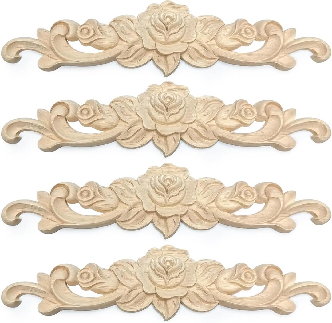 Decorative Rose Wood Carved Appliques Onlays, 8 x 2 inch Unpainted Solid Wood Round Carving Decal for Furniture Cabinet Bed Wardrobe Closet DIY Decoration (8x2inch, Pack of 4)