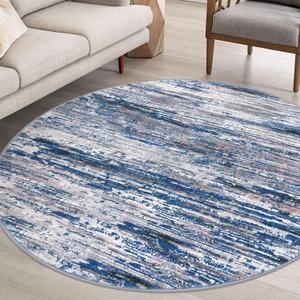 SIILOOM 6' Round Rug Washable Rug for Entryway, Navy Blue Gray Neutral Multi Soft Non-Slip Area Rugs Modern Abstract Low-Pile Carpet, Neutral Vintage Circle Rugs for Living Room Dining Bedroom Foyer