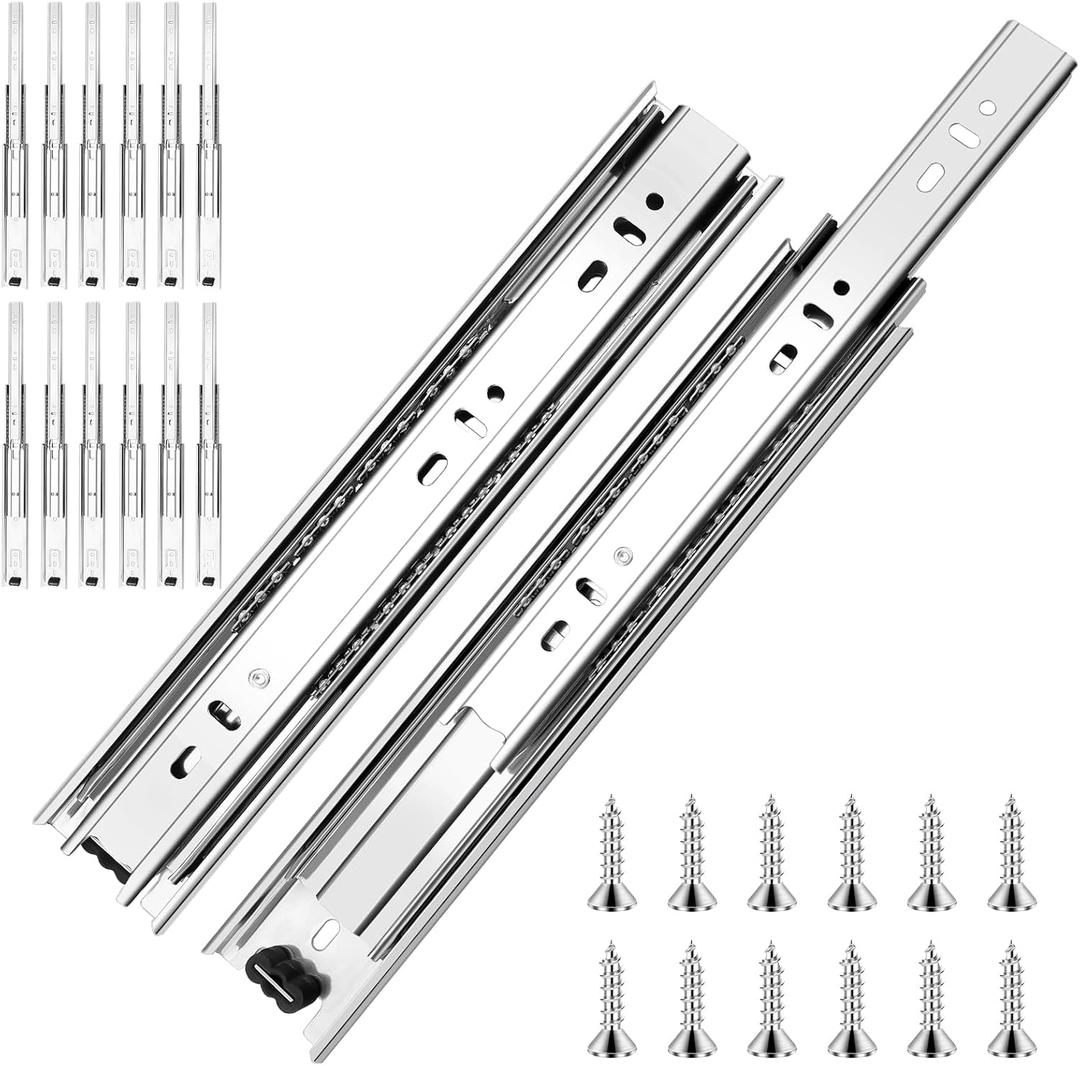 14 inch Ball Bearing Drawer Slides 6 Pairs (12pcs) - 100LB Capacity, Full Extension Side Mount Slides for Kitchen Cabinets, Wardrobes, Office Furniture (Silver 14inch)