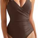 SUUKSESS Women Sexy Wrap Push Up One Piece Swimsuit Tummy Control Bathing Suit (Large, 89 Deep Brown)