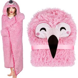 Flamingo Wearable Hooded Blanket for Adults - Fluffy Super Soft Shaggy Faux Fur, Fuzzy Warm Cozy Plush Furry Fleece & Sherpa Hoodie Throw Cloak Wrap - Flamingo Gifts for Women Adults and Kids