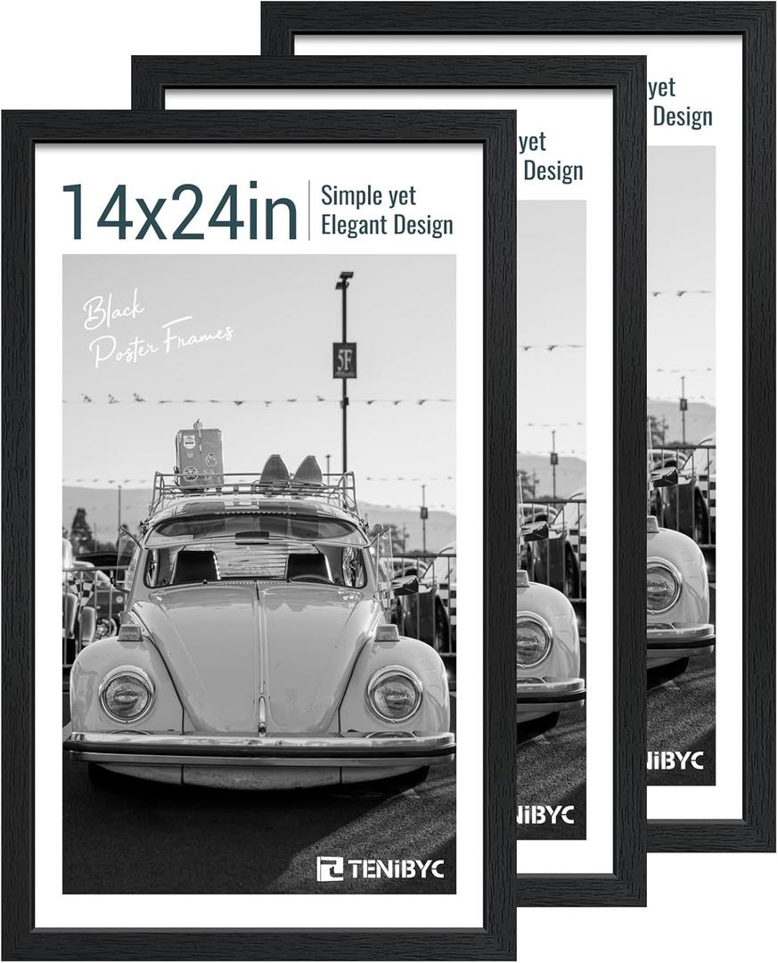 14x24 Poster Frame 3 Pack, Textured Black Solid Wood Gallery Picture Frame - Wall Hanging