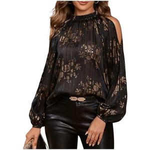 GORGLITTER Women's Cold Shoulder Tops Blouse Fall Dressy Casual Lantern Long Sleeve Mock Neck Pleated Work Shirt Tops Size XL