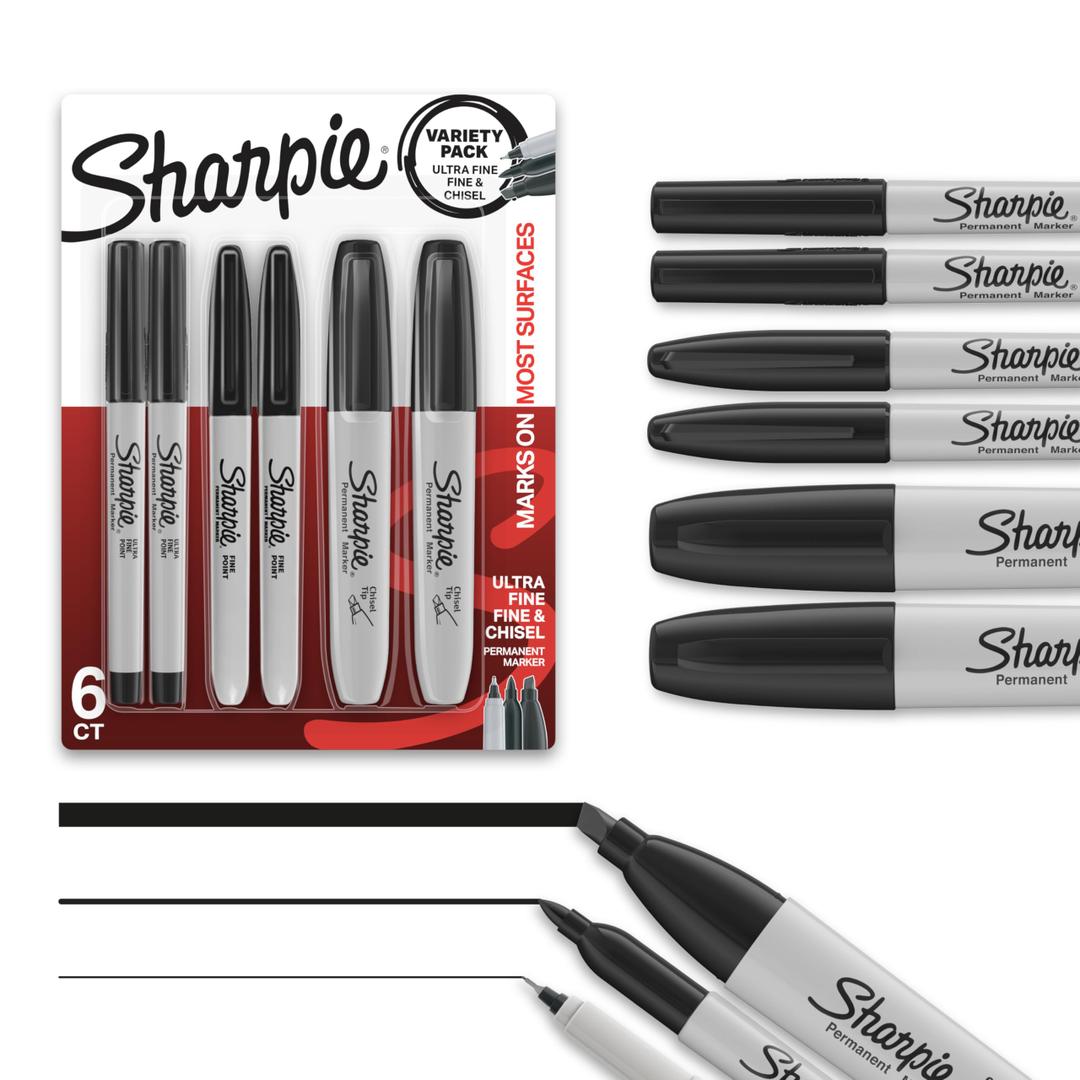 Sharpie Permanent Markers Variety Pack, Includes Chisel, Fine, and Ultra-Fine Tips, Marker Set, Writing, Coloring, Poster, Office, School Supplies, Black, 5 Count