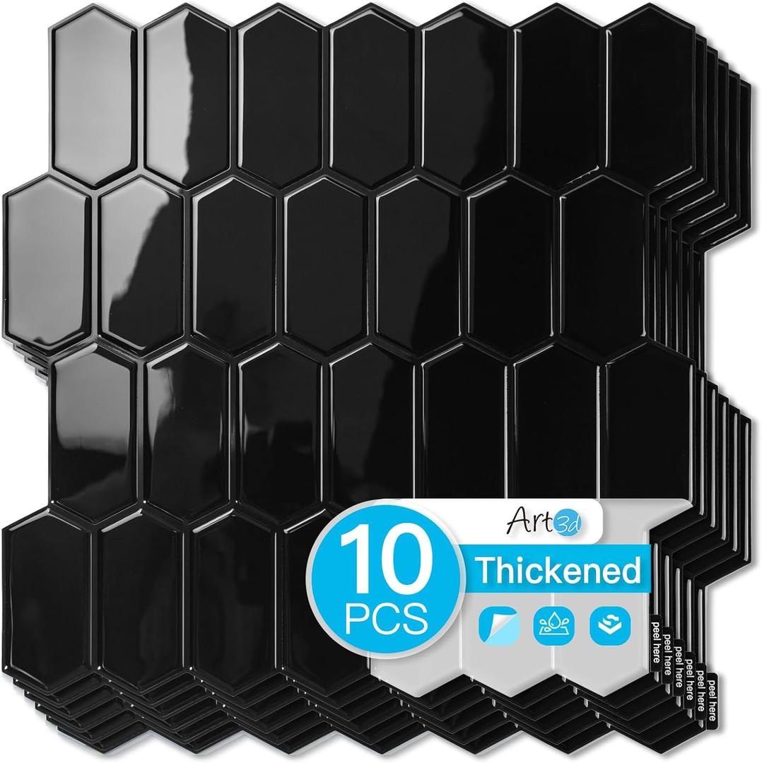 Art3d 10-Sheet Heavy-Duty Peel and Stick Backsplash, Self-Adhesive Vinyl Wall Tiles for Kitchen Countertop Bathroom, Black (12 x 12 Inch)